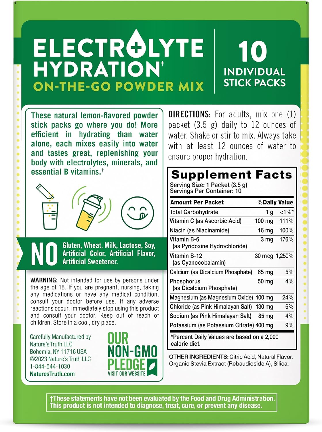 10 Pack Nature's Truth Electrolyte Powder Packets - Sugar Free Vegan Drink Mix Supplement - Non-GMO & Gluten Free