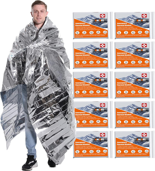 10 Pack of ANLOKE Emergency Blankets - Mylar Thermal Space Blankets for Survival, Camping, and First Aid - 82 x 64 Inches