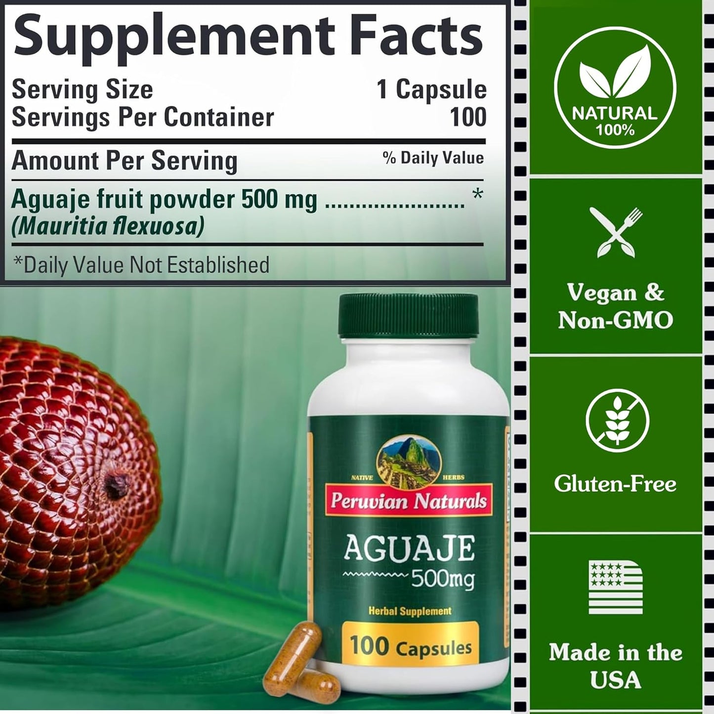 100 Aguaje Capsules for Women - Natural Curves & Hormone Balance Supplement with Buriti Fruit - Non-GMO & Vegan - Peruvian Naturals