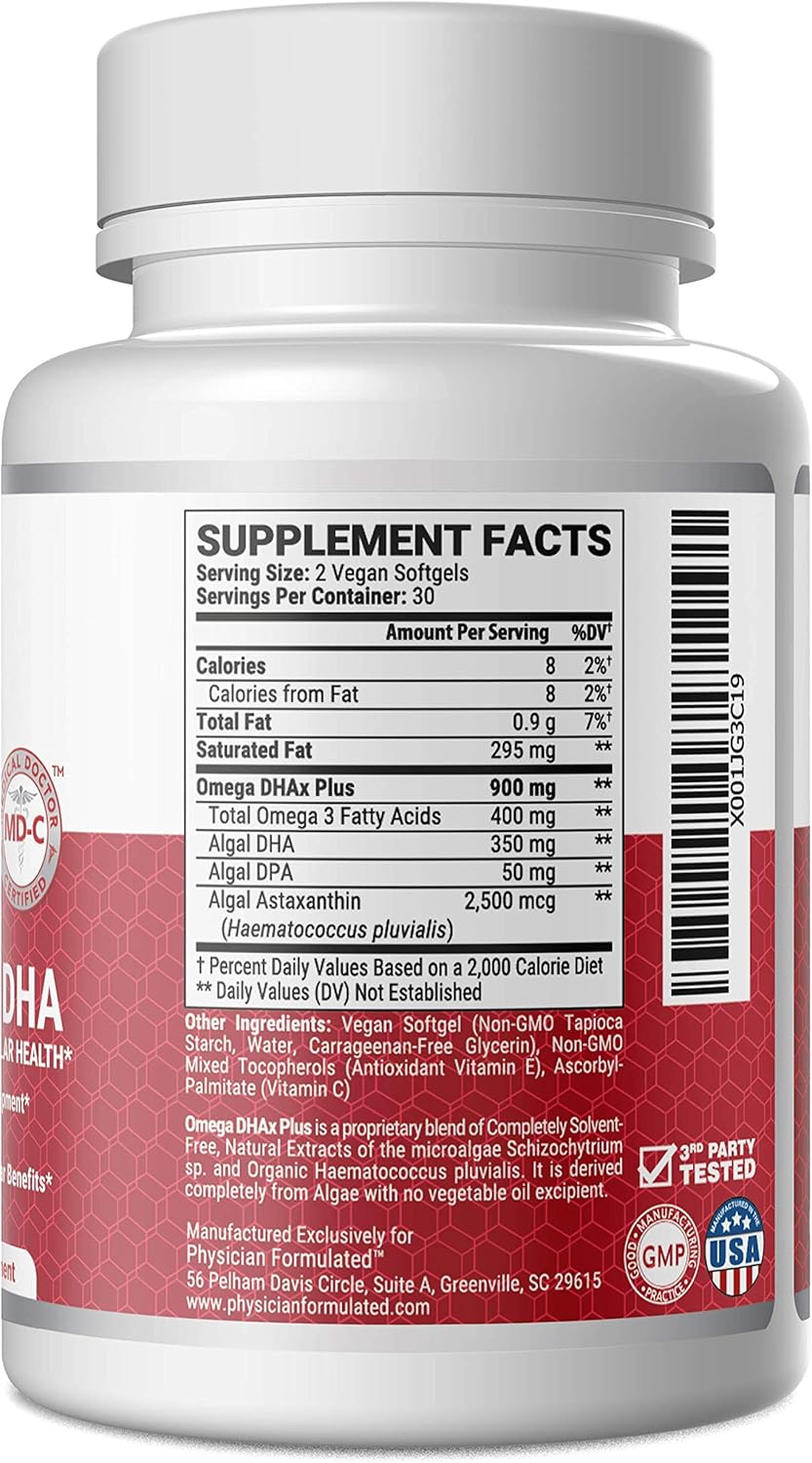 100% Algae-Based Vegan DHA for Brain & Prenatal Support with Astaxanthin - No Carrageenan or Vegetable Oil