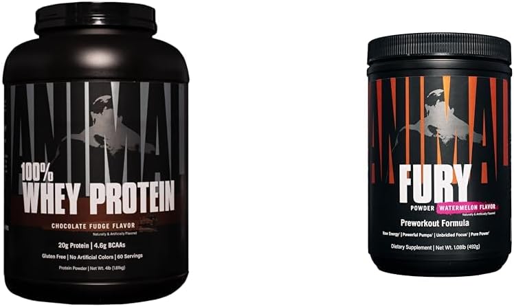 100% Animal Whey Protein Powder Blend for Pre- or Post-Workout Recovery with Fury Pre Workout Supplement for Energy and Focus