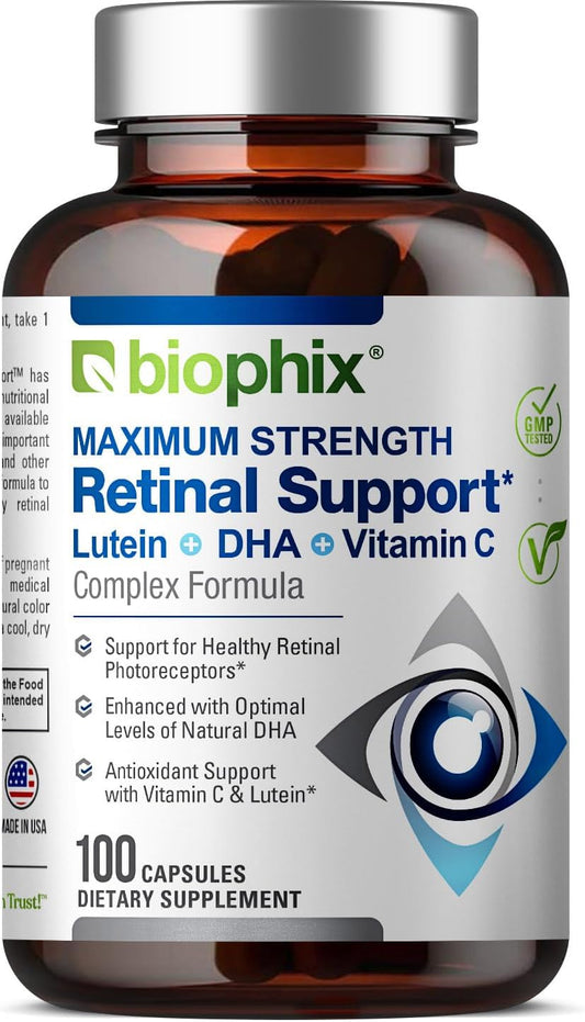 100 Capsules biophix Retinal Support Complex Formula - Maximum Strength with Zinc, Vitamin C, E, Lutein, DHA, Omega-3, Astaxanthin, and Hyaluronic Acid - Promotes Healthy Eye Vision