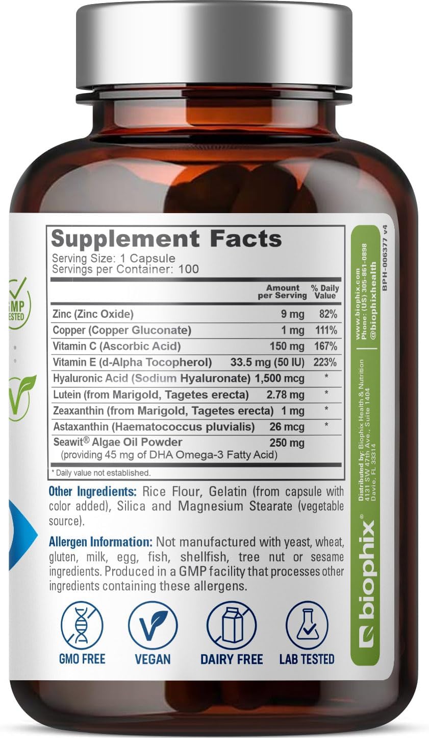 100 Capsules biophix Retinal Support Complex Formula - Maximum Strength with Zinc, Vitamin C, E, Lutein, DHA, Omega-3, Astaxanthin, and Hyaluronic Acid - Promotes Healthy Eye Vision