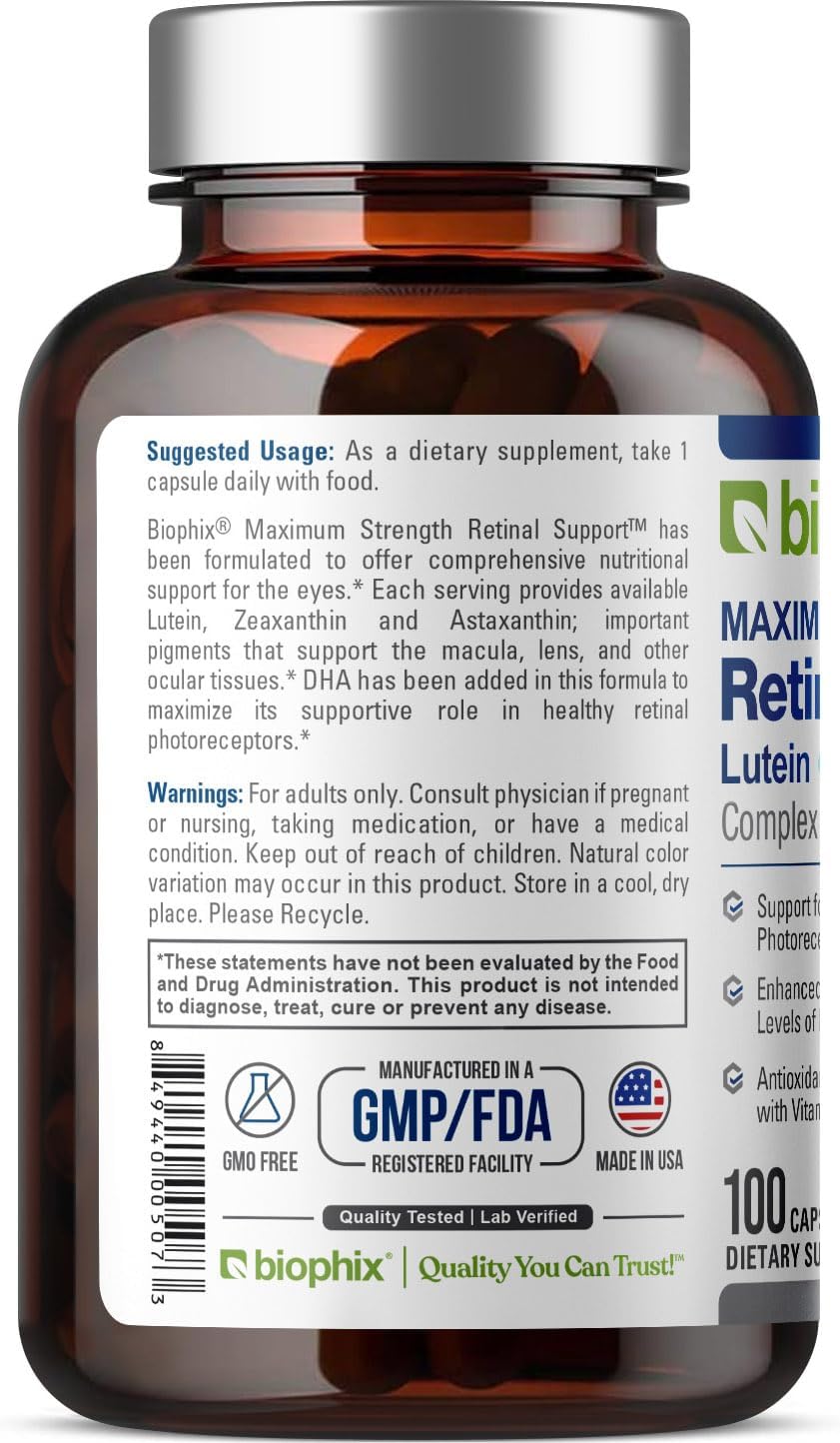 100 Capsules biophix Retinal Support Complex Formula - Maximum Strength with Zinc, Vitamin C, E, Lutein, DHA, Omega-3, Astaxanthin, and Hyaluronic Acid - Promotes Healthy Eye Vision