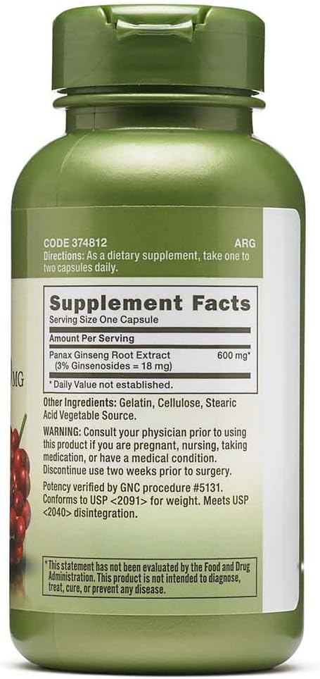 100 Capsules GNC Herbal Plus Panax Ginseng 600mg for Vitality Boost