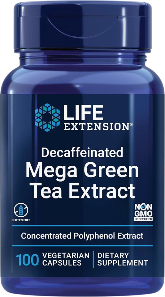100 Capsules Life Extension Decaffeinated Mega Green Tea Extract - Rich in Polyphenols for Cell, Heart, and Brain Health - Powerful Antioxidant Protection - Non-GMO, Gluten-Free, Vegetarian