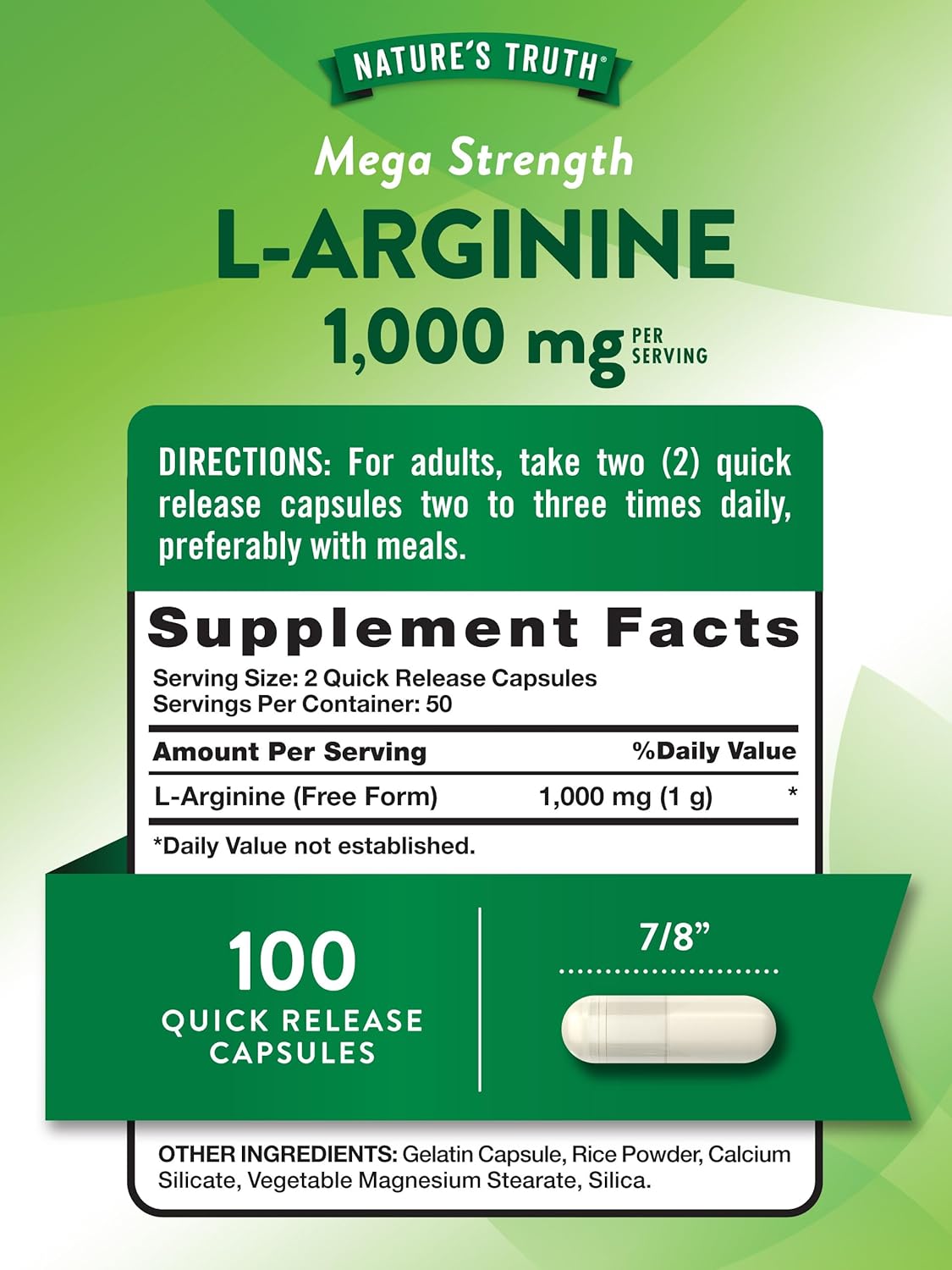 100 Capsules Nature's Truth L-Arginine 1000mg | Mega Strength Non-GMO & Gluten Free Supplement