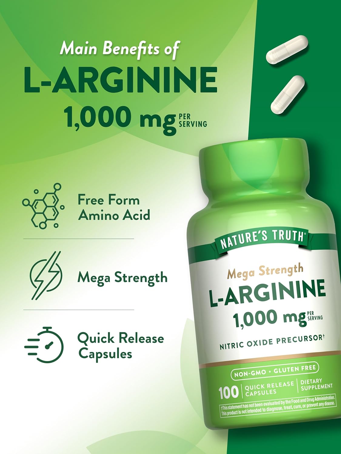 100 Capsules Nature's Truth L-Arginine 1000mg | Mega Strength Non-GMO & Gluten Free Supplement