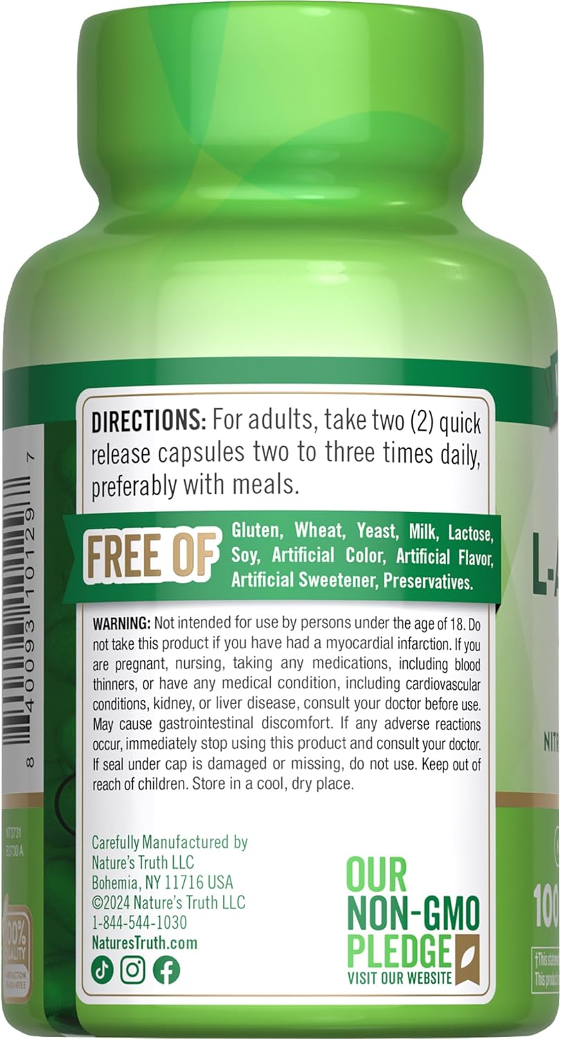 100 Capsules Nature's Truth L-Arginine 1000mg | Mega Strength Non-GMO & Gluten Free Supplement