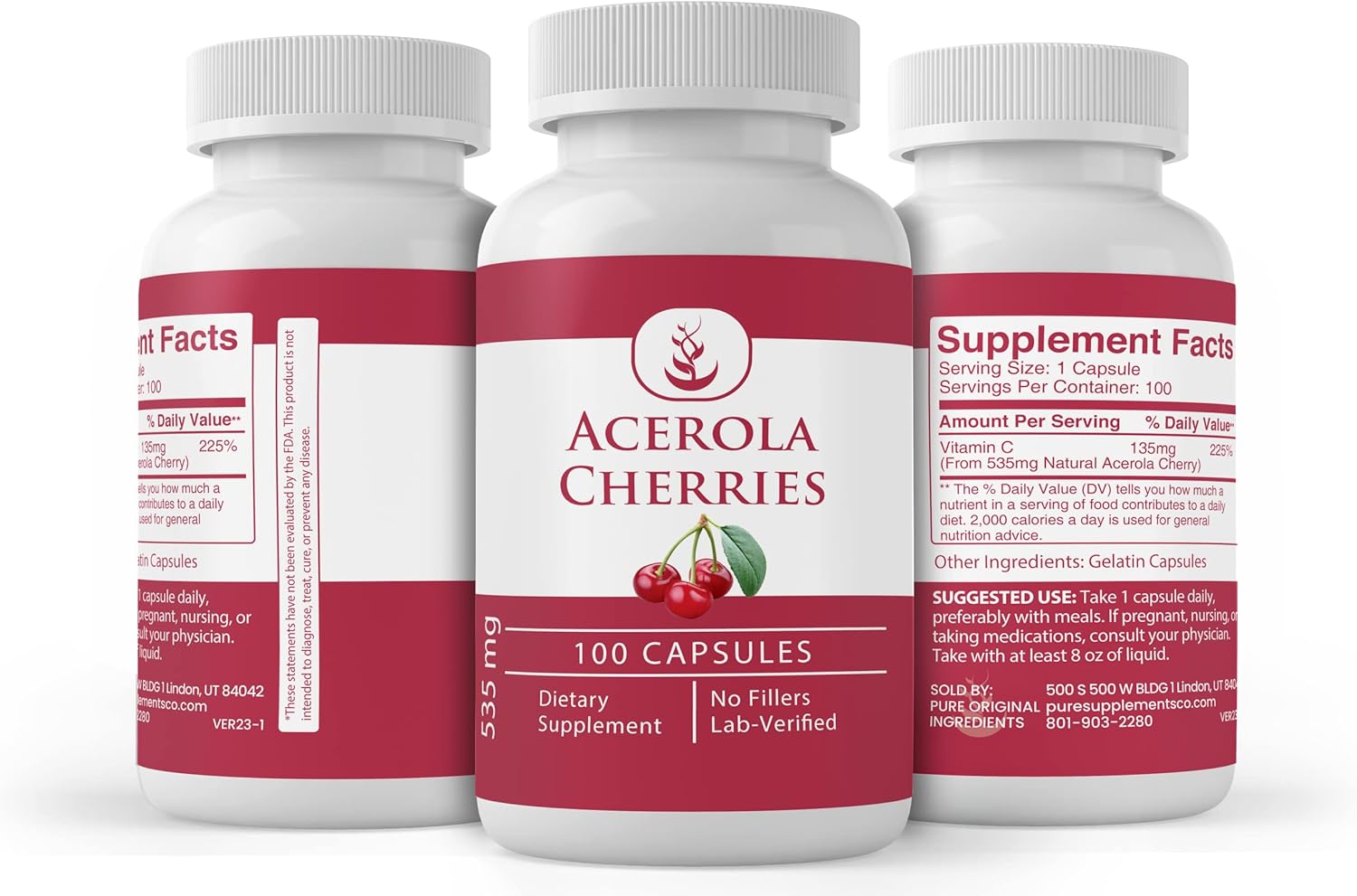 100 Capsules of Acerola Cherry with Pure Original Ingredients - Lab Verified, No Additives or Fillers