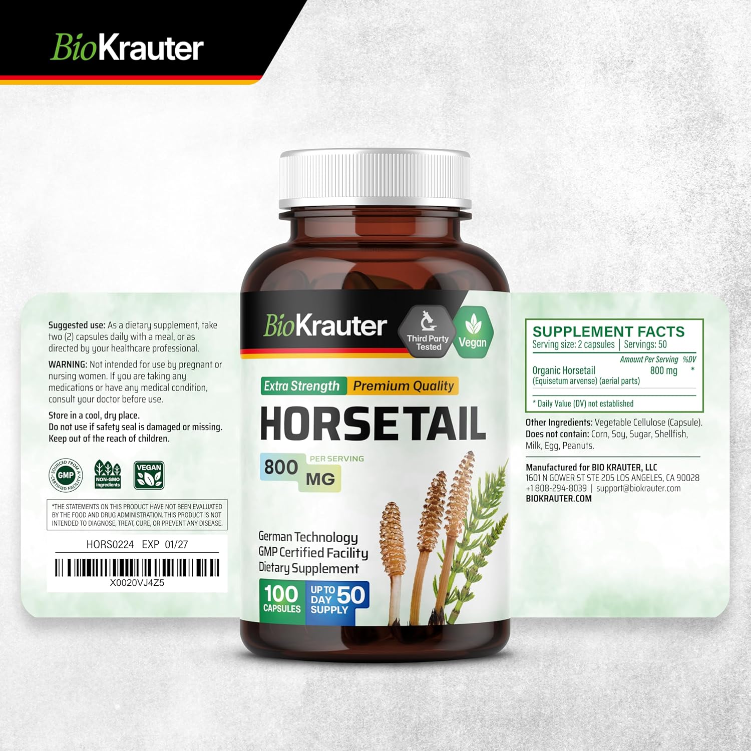 100 Capsules of BIO KRAUTER Horsetail and Stinging Nettle for Natural Wellness