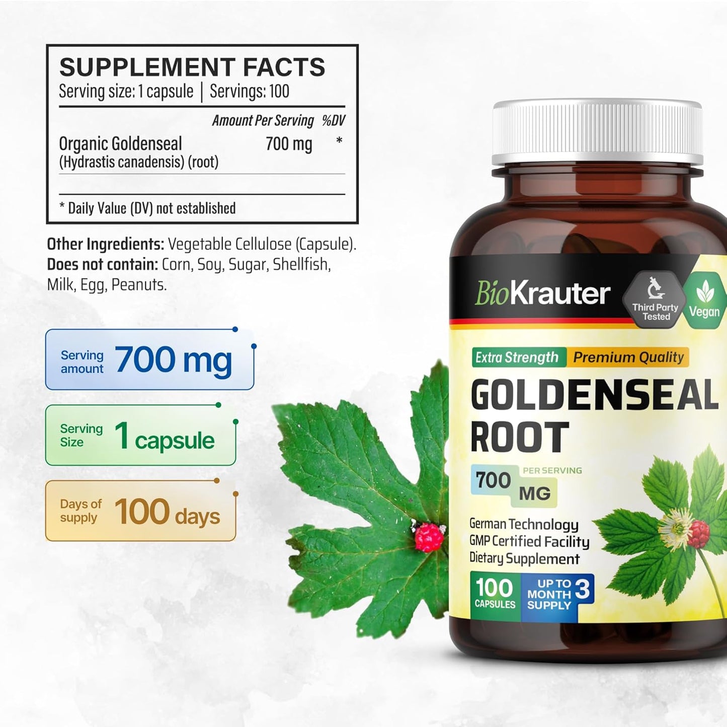 100 Capsules of BIO KRAUTER Resveratrol and Goldenseal for Immune Support and Antioxidant Benefits