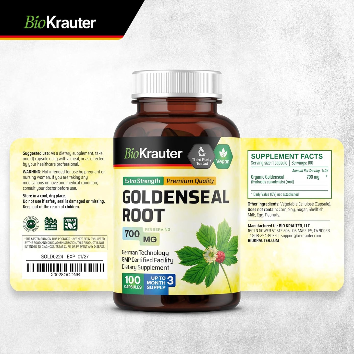 100 Capsules of BIO KRAUTER Resveratrol and Goldenseal for Immune Support and Antioxidant Benefits
