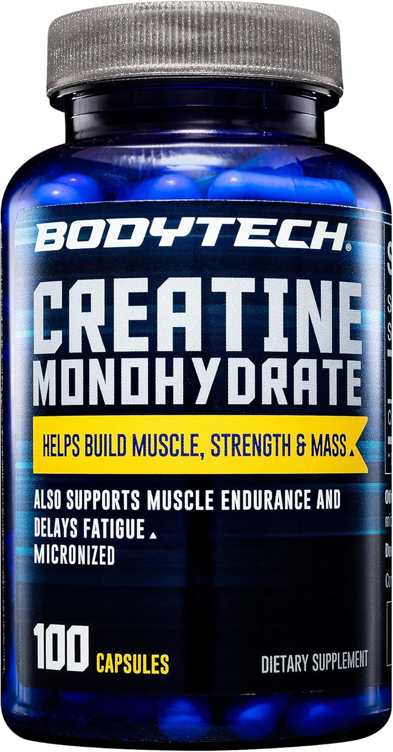100 Capsules of BodyTech Creatine Monohydrate Supplement for Muscle Growth and Energy Boost