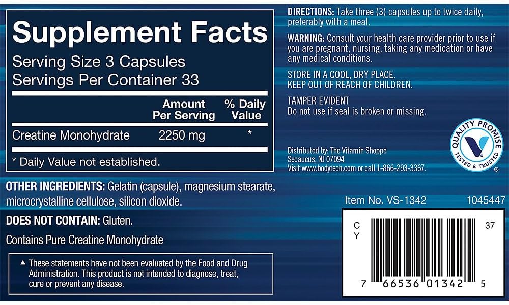 100 Capsules of BodyTech Creatine Monohydrate Supplement for Muscle Growth and Energy Boost