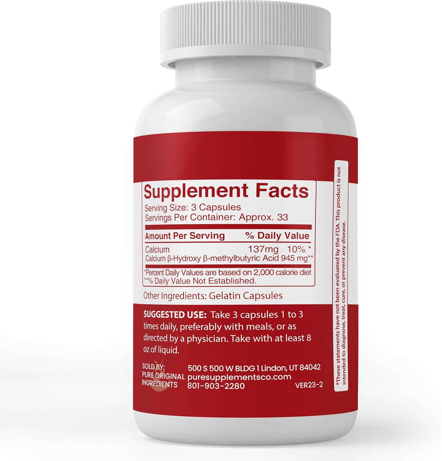 100 Capsules of HMB with Pure Ingredients, No Additives or Fillers - Lab Verified
