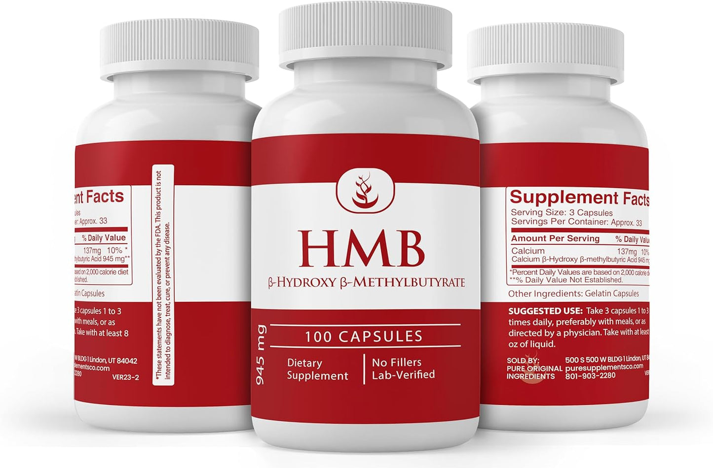 100 Capsules of HMB with Pure Ingredients, No Additives or Fillers - Lab Verified