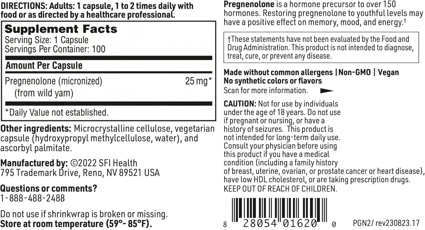 100 Capsules of Klaire Labs Pregnenolone for Hormonal Balance, Mood & Energy Support - 25mg Wild Yam Derived, Bioavailable & Micronized for Enhanced Absorption - Hypoallergenic Formula