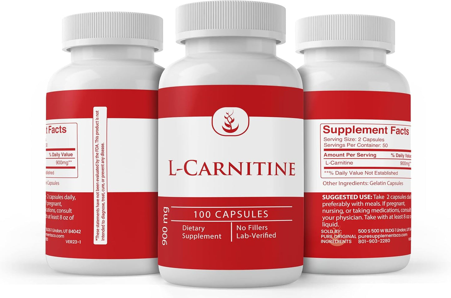 100 Capsules of Lab Verified L-Carnitine with Pure Original Ingredients, No Additives or Fillers