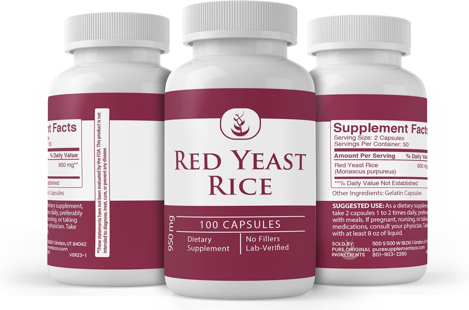 100 Capsules of Lab Verified Red Yeast Rice Extract - Pure Original Ingredients with No Additives or Fillers