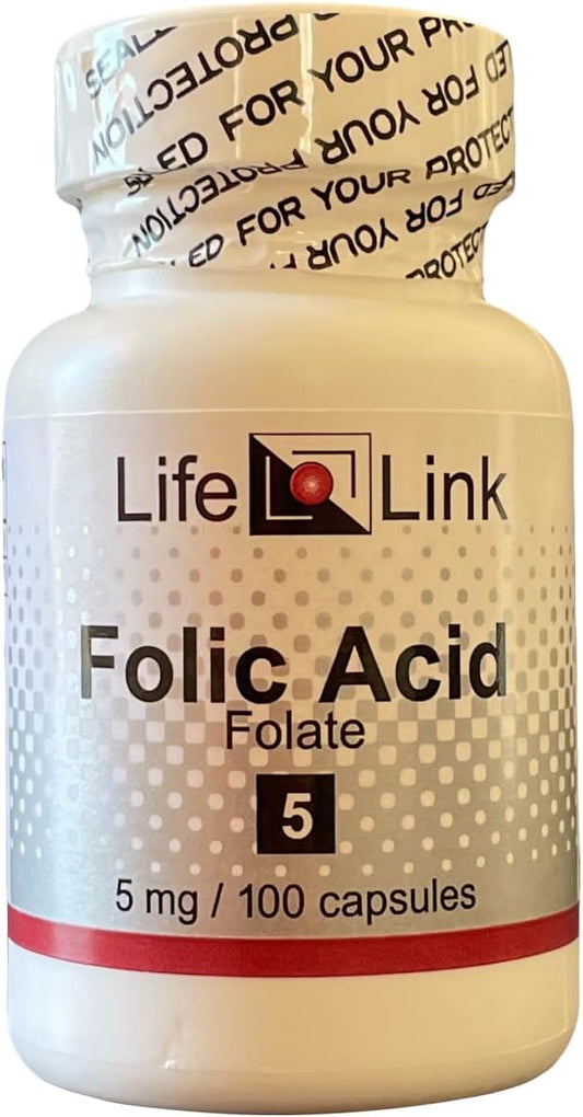 100 Capsules of LifeLink Folic Acid 5mg for Prenatal Health | Gluten Free & Non-GMO | Made in USA