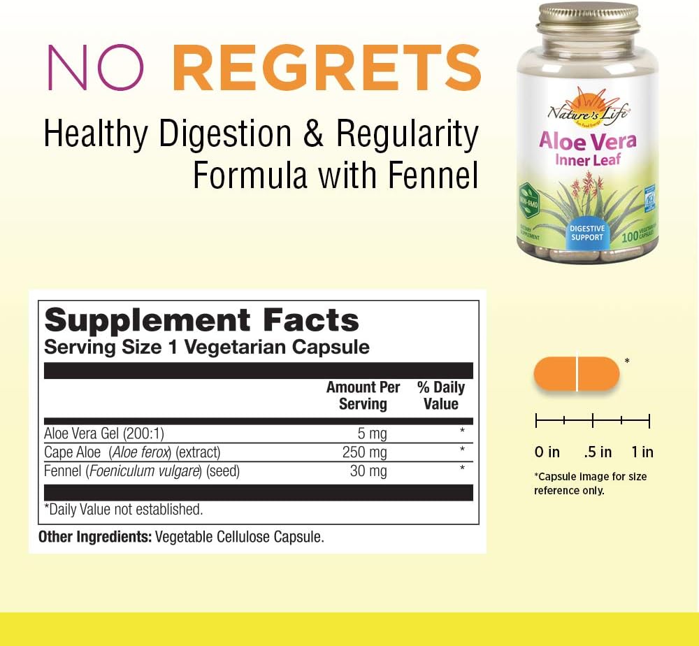 100 Capsules of Nature's Herbs Aloe Vera Inner Leaf Supplement for Digestive Health