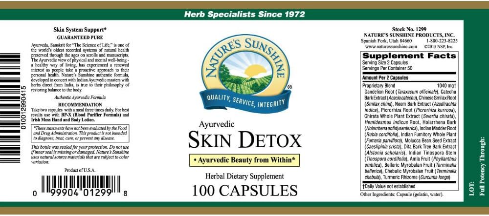 100 Capsules of Nature's Sunshine Ayurvedic Skin Detox Formula