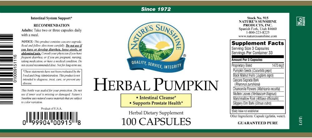100 Capsules of Nature's Sunshine Herbal Pumpkin Supplement for Natural Health Support