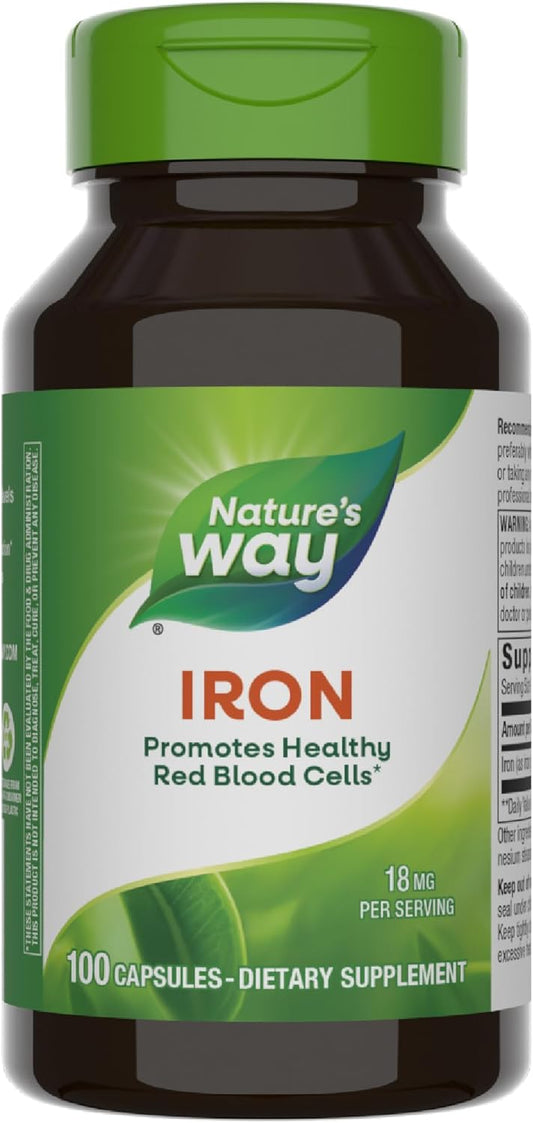 100 Capsules of Nature's Way Iron Supplement - 18mg Per Serving for Healthy Red Blood Cells