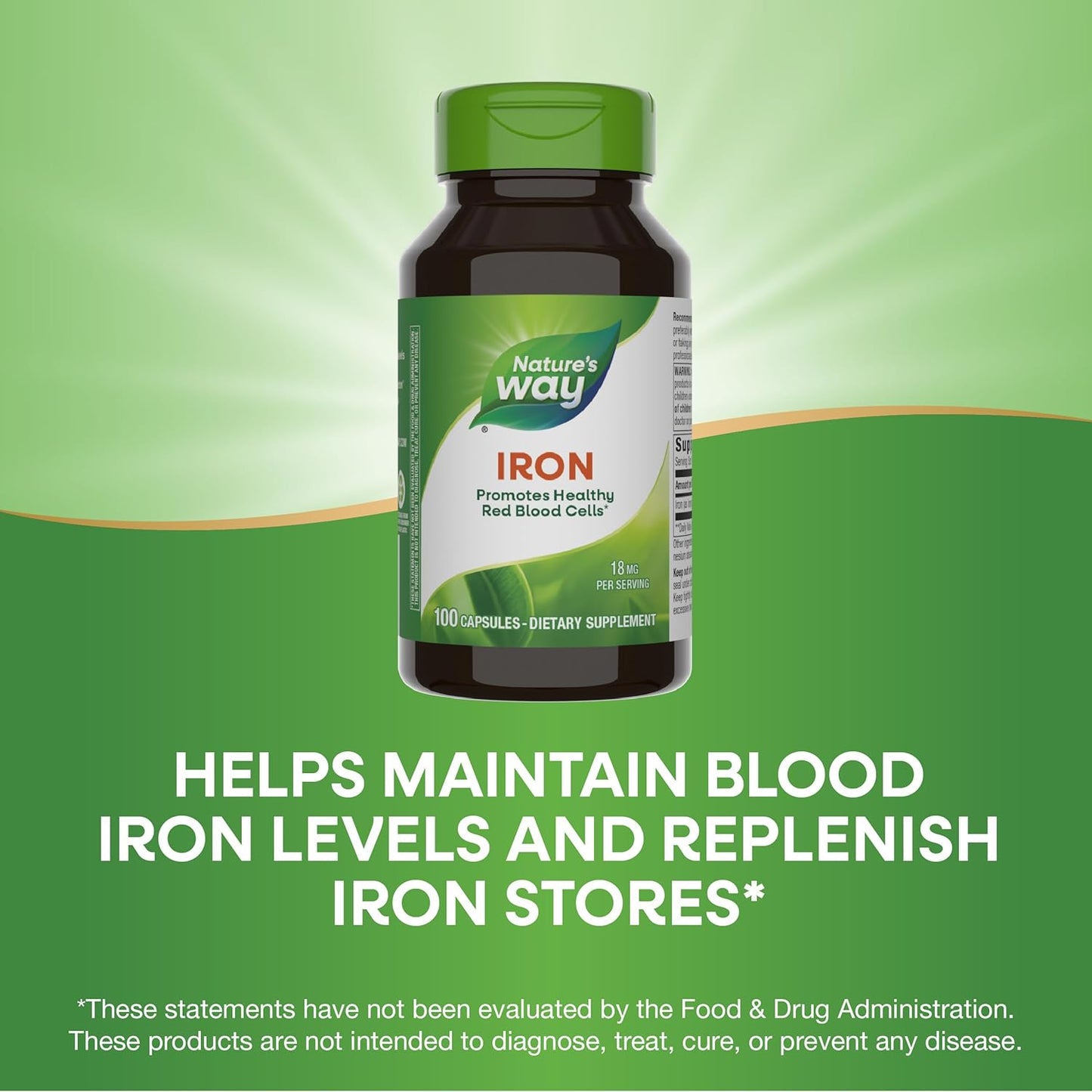 100 Capsules of Nature's Way Iron Supplement - 18mg Per Serving for Healthy Red Blood Cells