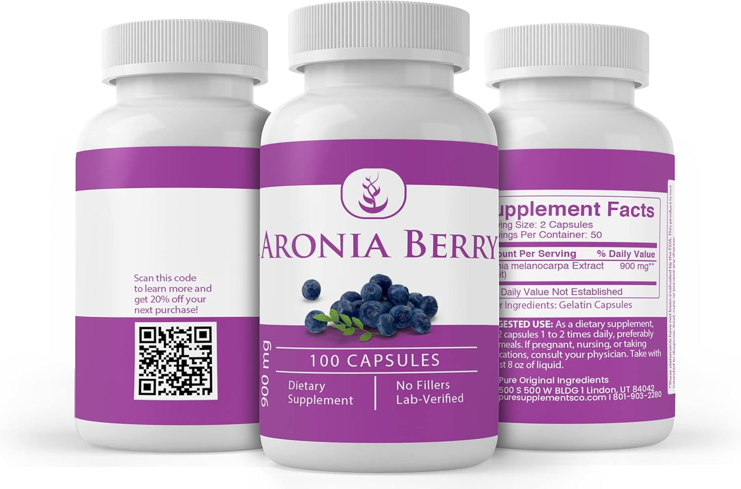 100 Capsules of Pure Aronia Berry Extract - Lab Verified, No Additives or Fillers