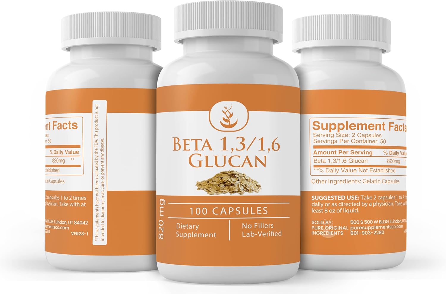 100 Capsules of Pure Beta Glucan 1,3/1,6 - Lab Verified, No Additives or Fillers