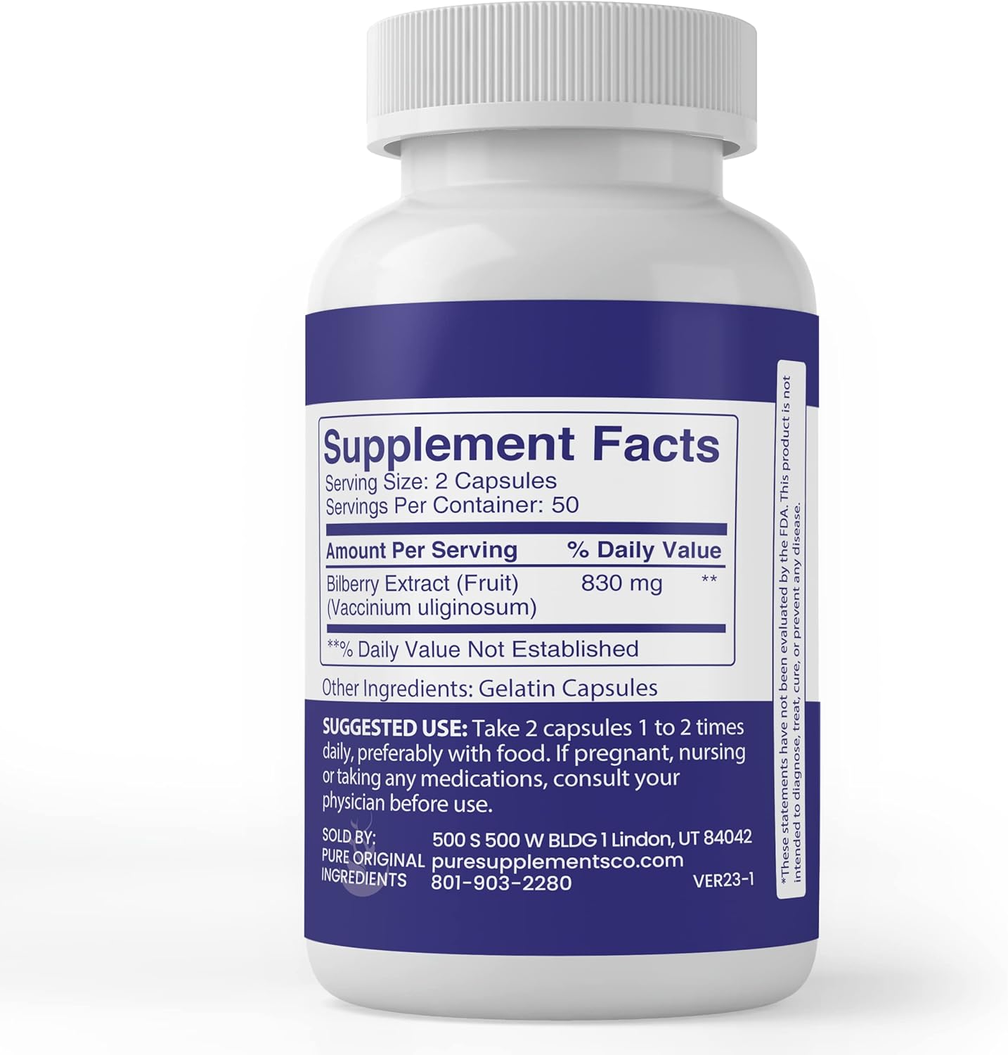100 Capsules of Pure Bilberry Extract - Lab Verified, No Additives or Fillers - Original Ingredients