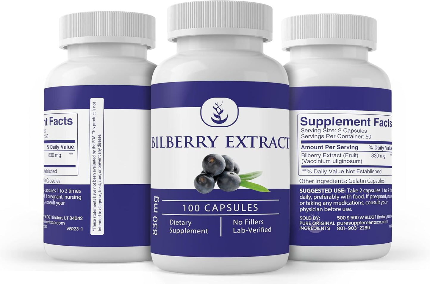100 Capsules of Pure Bilberry Extract - Lab Verified, No Additives or Fillers - Original Ingredients