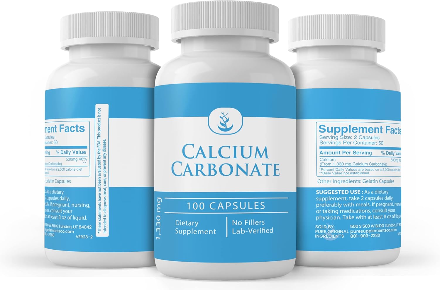 100 Capsules of Pure Calcium Carbonate with Original Ingredients - Lab Verified, No Additives or Fillers Included
