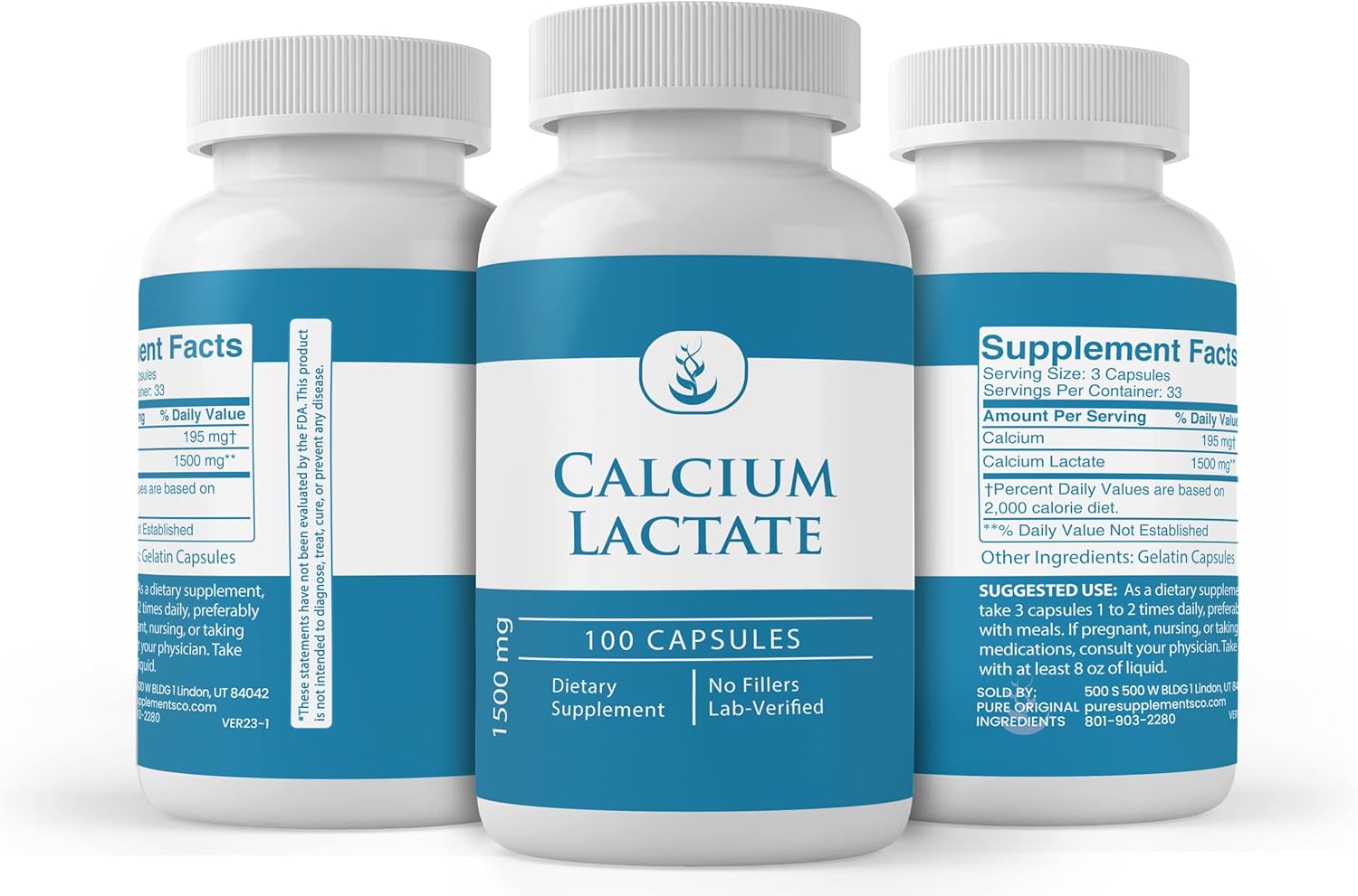 100 Capsules of Pure Calcium Lactate - No Additives, Lab Verified