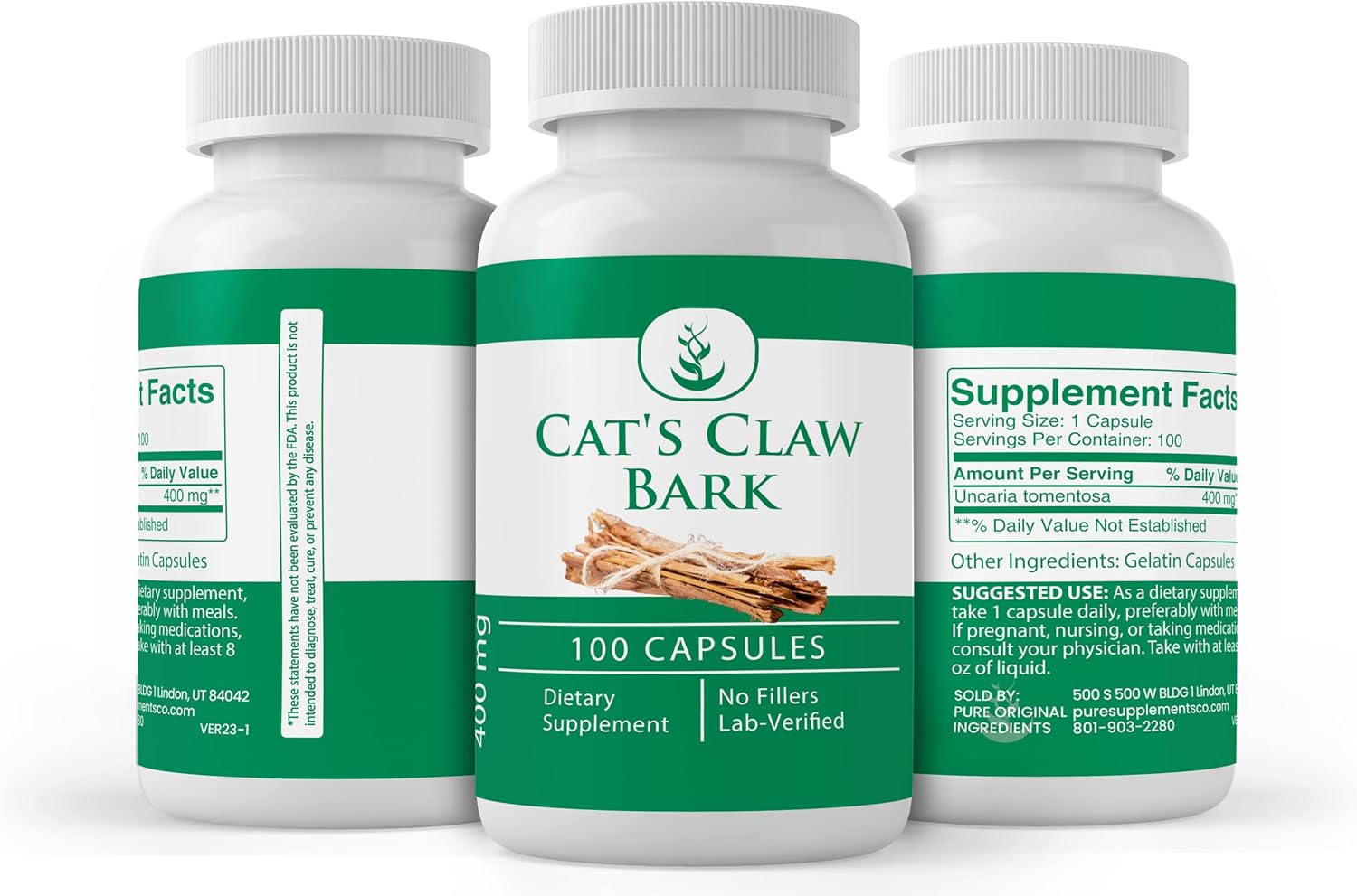 100 Capsules of Pure Cat's Claw Bark Extract - Lab Verified, No Additives or Fillers