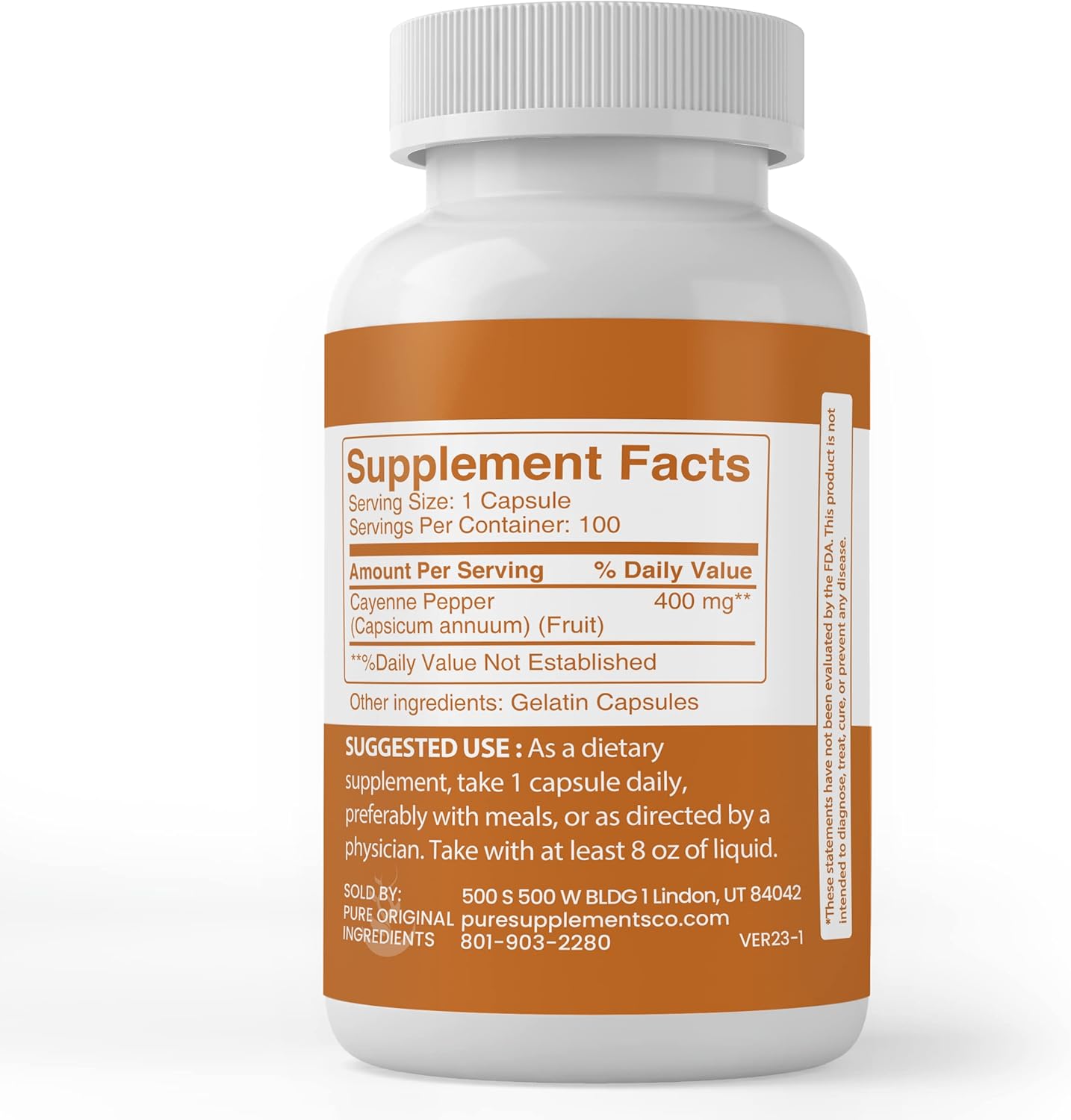 100 Capsules of Pure Cayenne Pepper with Original Ingredients - Lab Verified, Additive-Free & Filler-Free