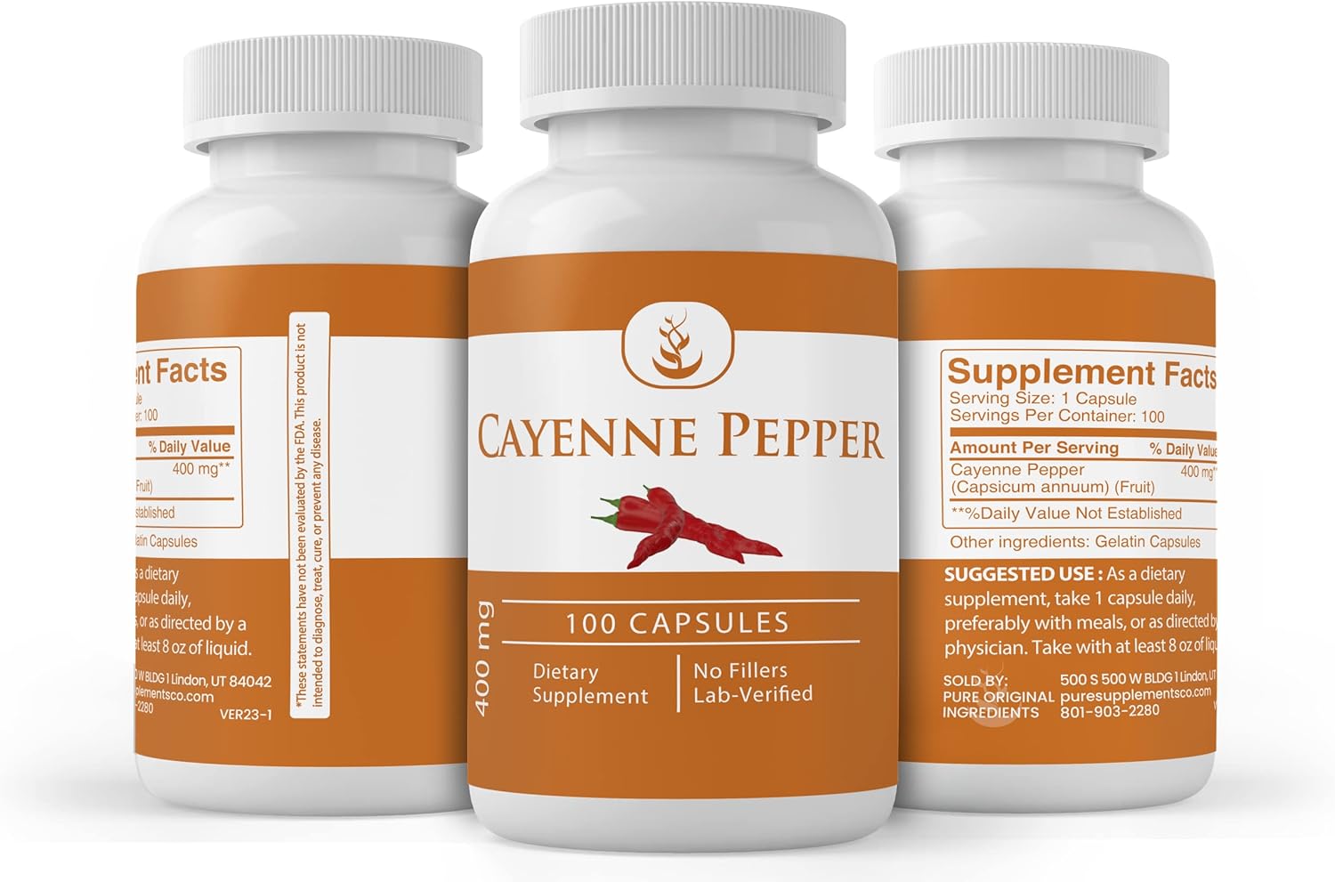 100 Capsules of Pure Cayenne Pepper with Original Ingredients - Lab Verified, Additive-Free & Filler-Free