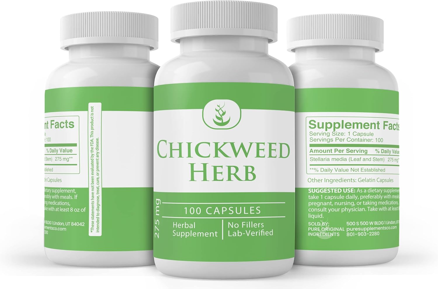 100 Capsules of Pure Chickweed Herb - Lab Verified, No Additives or Fillers