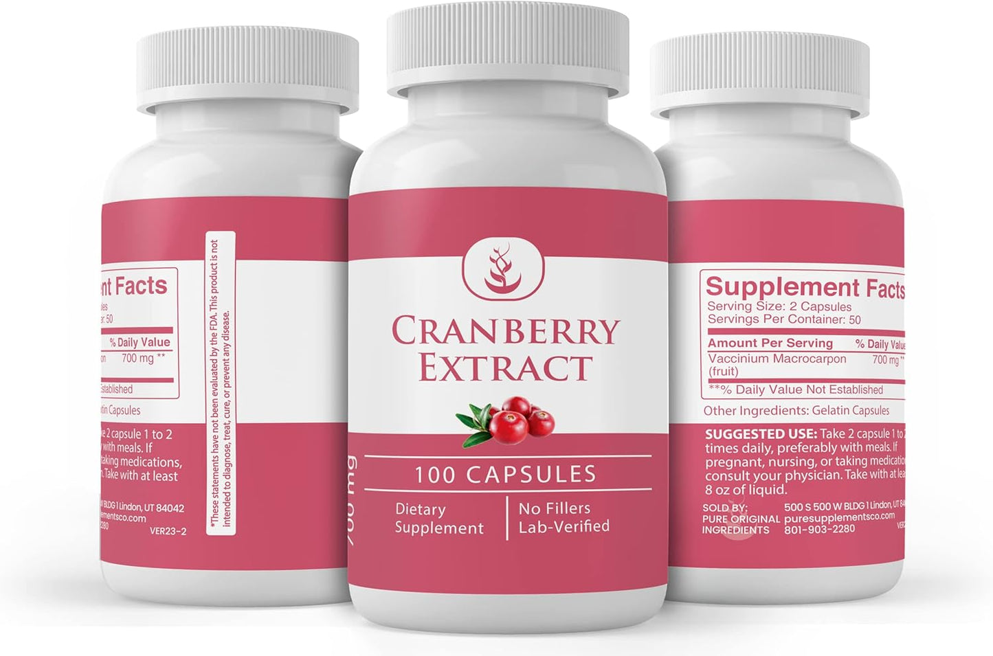 100 Capsules of Pure Cranberry Extract - Lab Verified, No Additives or Fillers