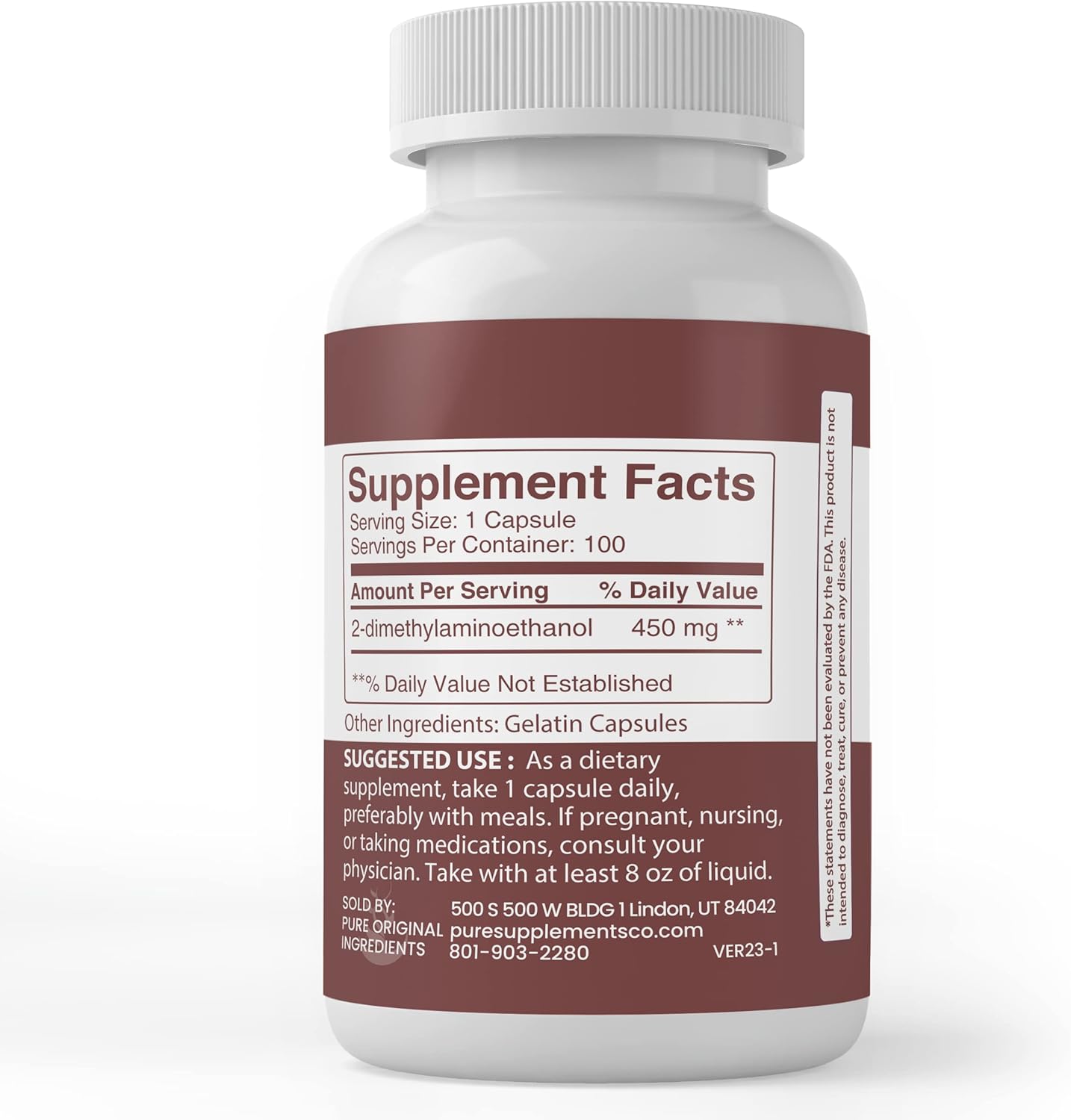 100 Capsules of Pure DMAE Bitartrate - Original Ingredients, Lab Verified, No Additives or Fillers