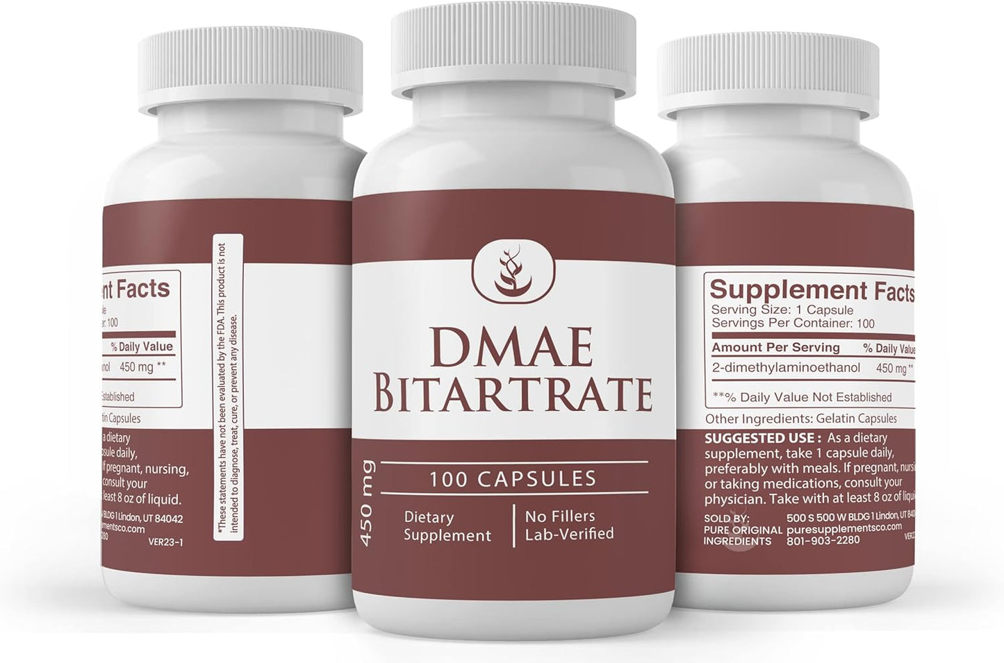 100 Capsules of Pure DMAE Bitartrate - Original Ingredients, Lab Verified, No Additives or Fillers