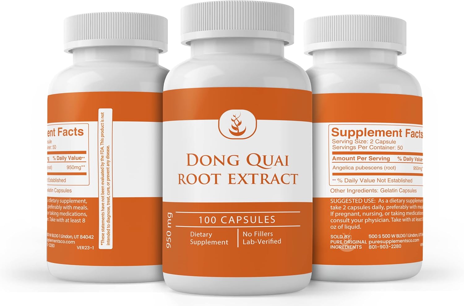 100 Capsules of Pure Dong Quai Root Extract, No Additives or Fillers, Lab Verified Quality