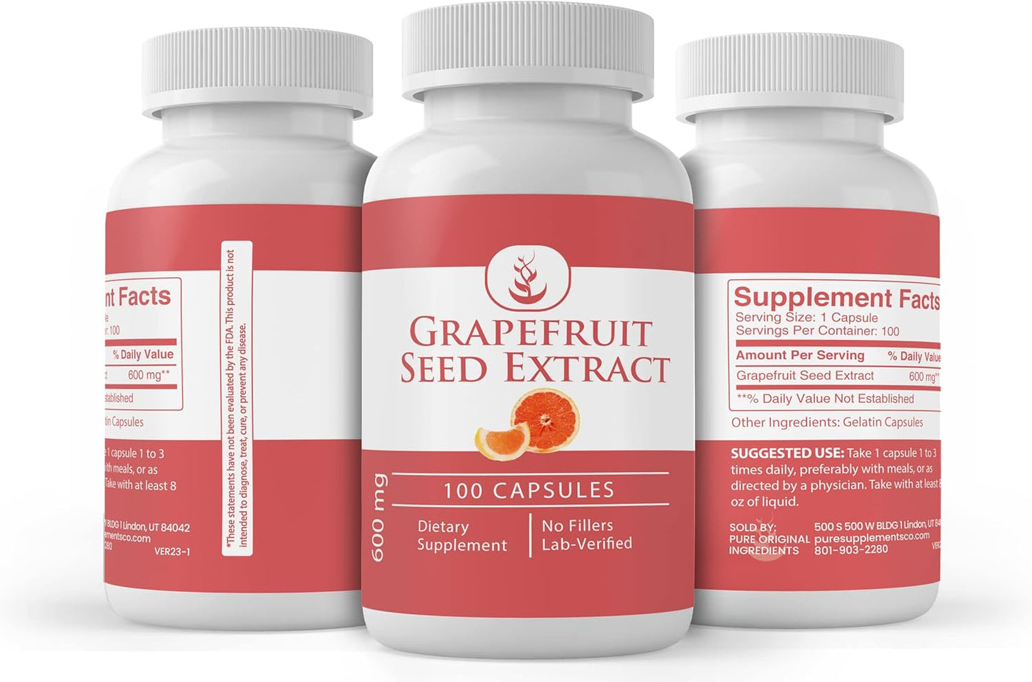 100 Capsules of Pure Grapefruit Seed Extract - Original Ingredients, Lab Verified, No Additives or Fillers