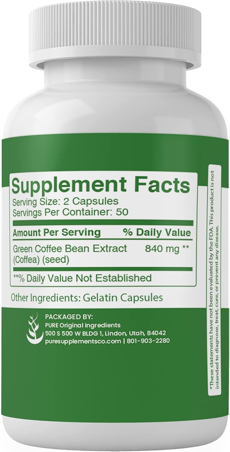 100 Capsules of Pure Green Coffee Bean Extract - No Additives or Fillers - Lab Verified Quality