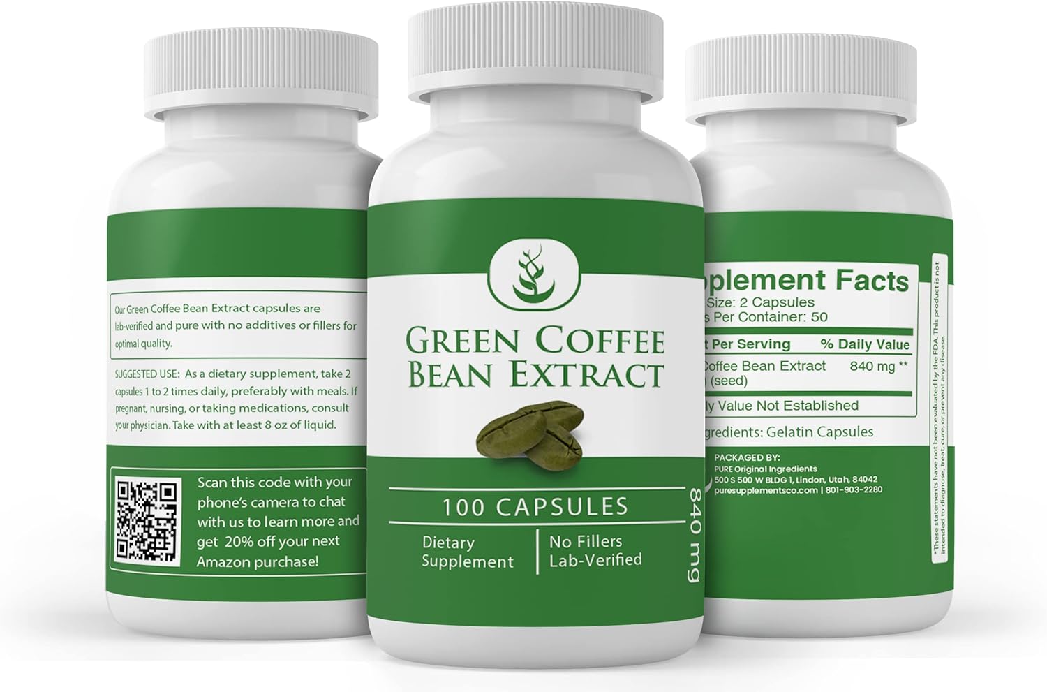 100 Capsules of Pure Green Coffee Bean Extract - No Additives or Fillers - Lab Verified Quality
