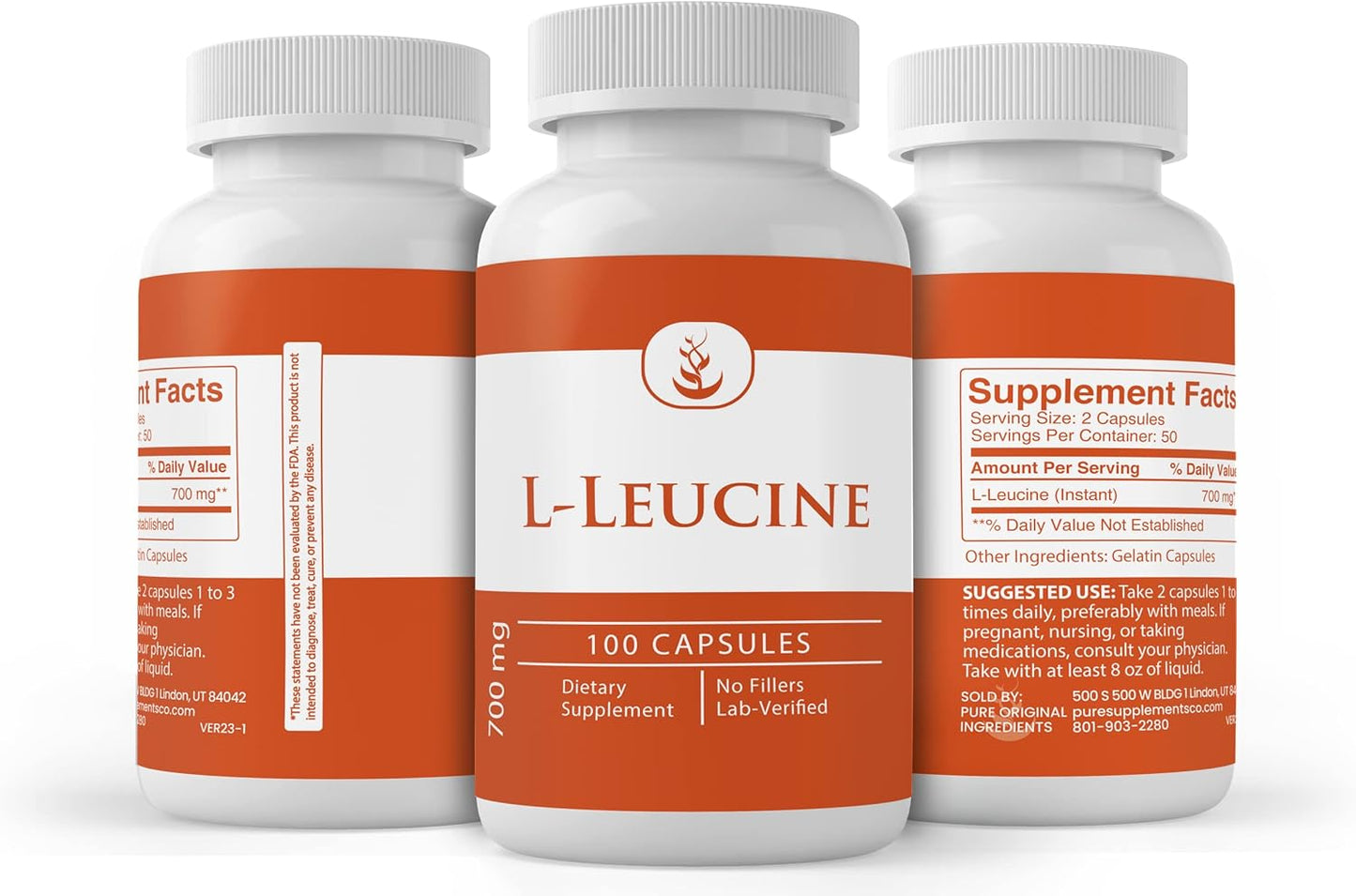 100 Capsules of Pure L-Leucine with Lab Verified Original Ingredients, No Additives or Fillers