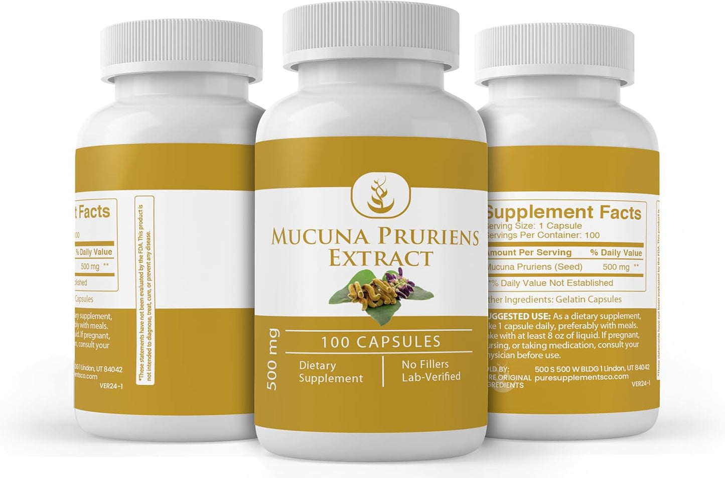 100 Capsules of Pure Mucuna Pruriens with Original Ingredients, Lab Verified - No Additives or Fillers
