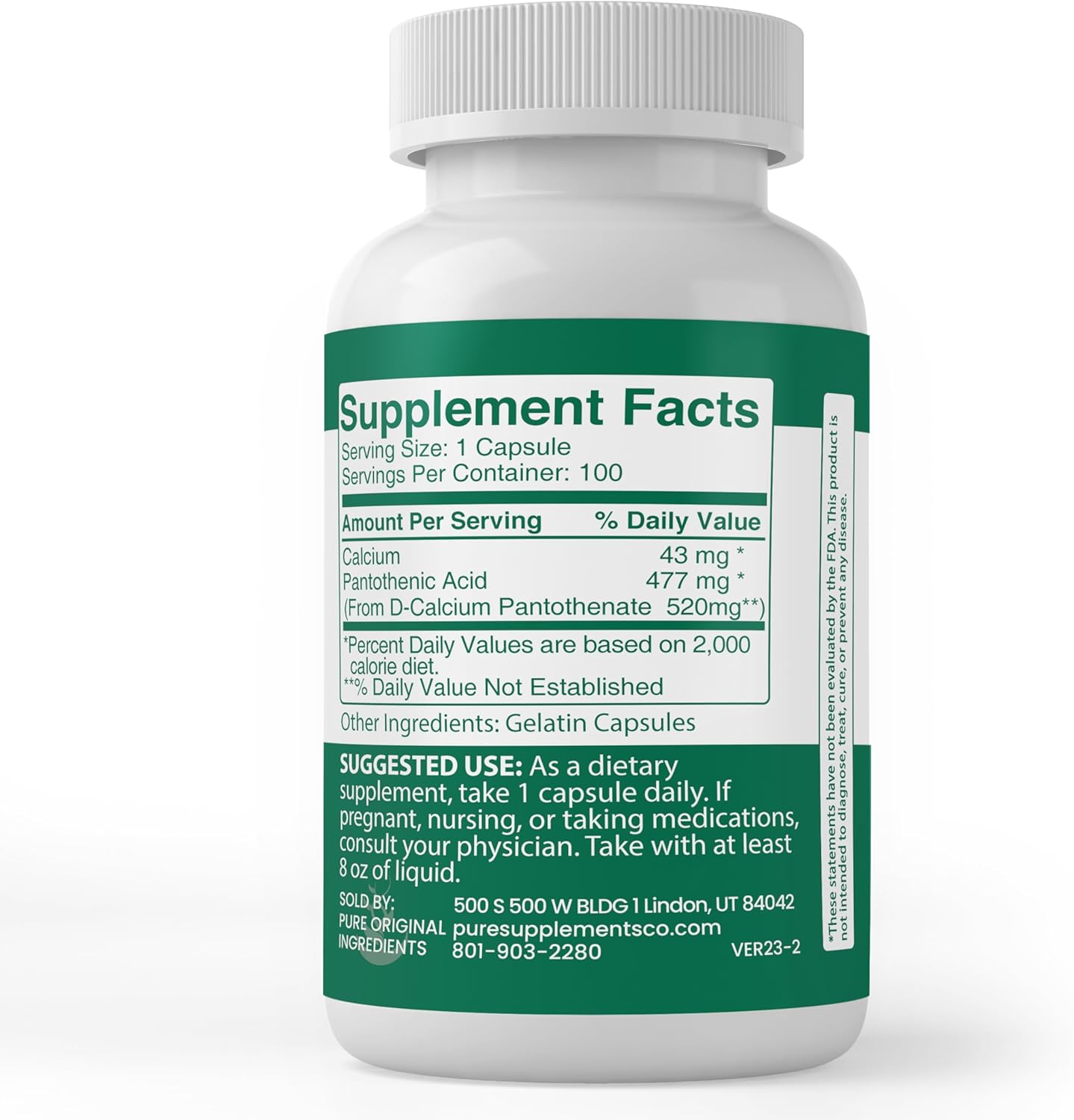 100 Capsules of Pure Pantothenic Acid with Vitamin B5 and Calcium Supplement - Original Ingredients